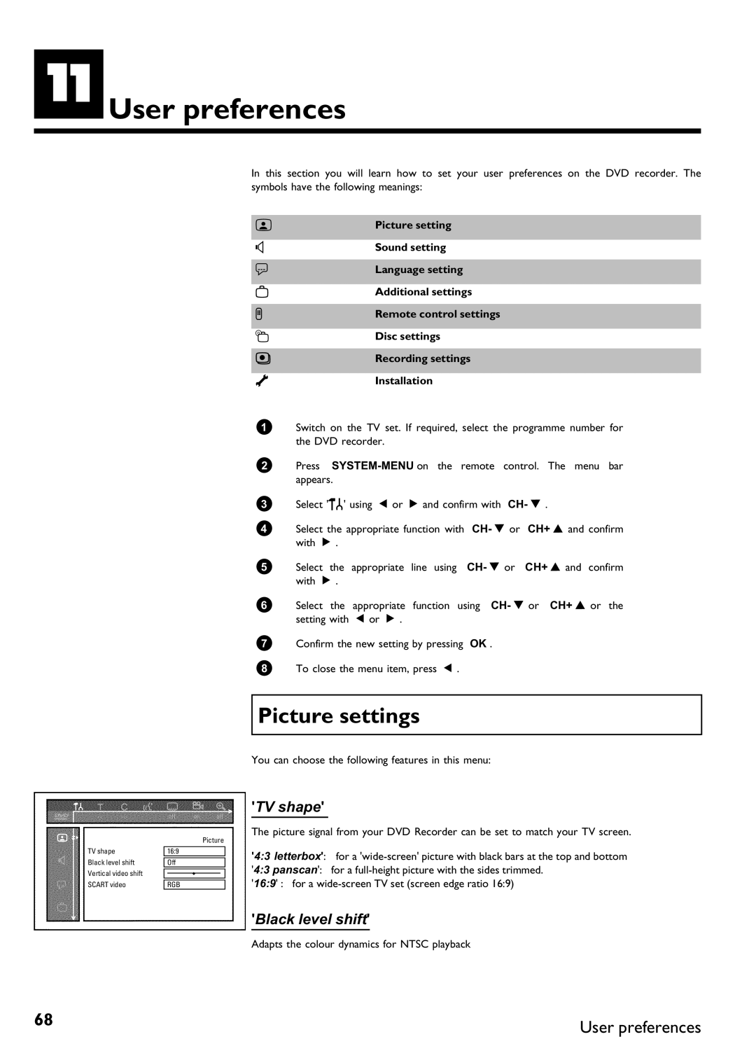 Philips DVDR75/001, DVDR75/021 manual KUser preferences, Picture settings 