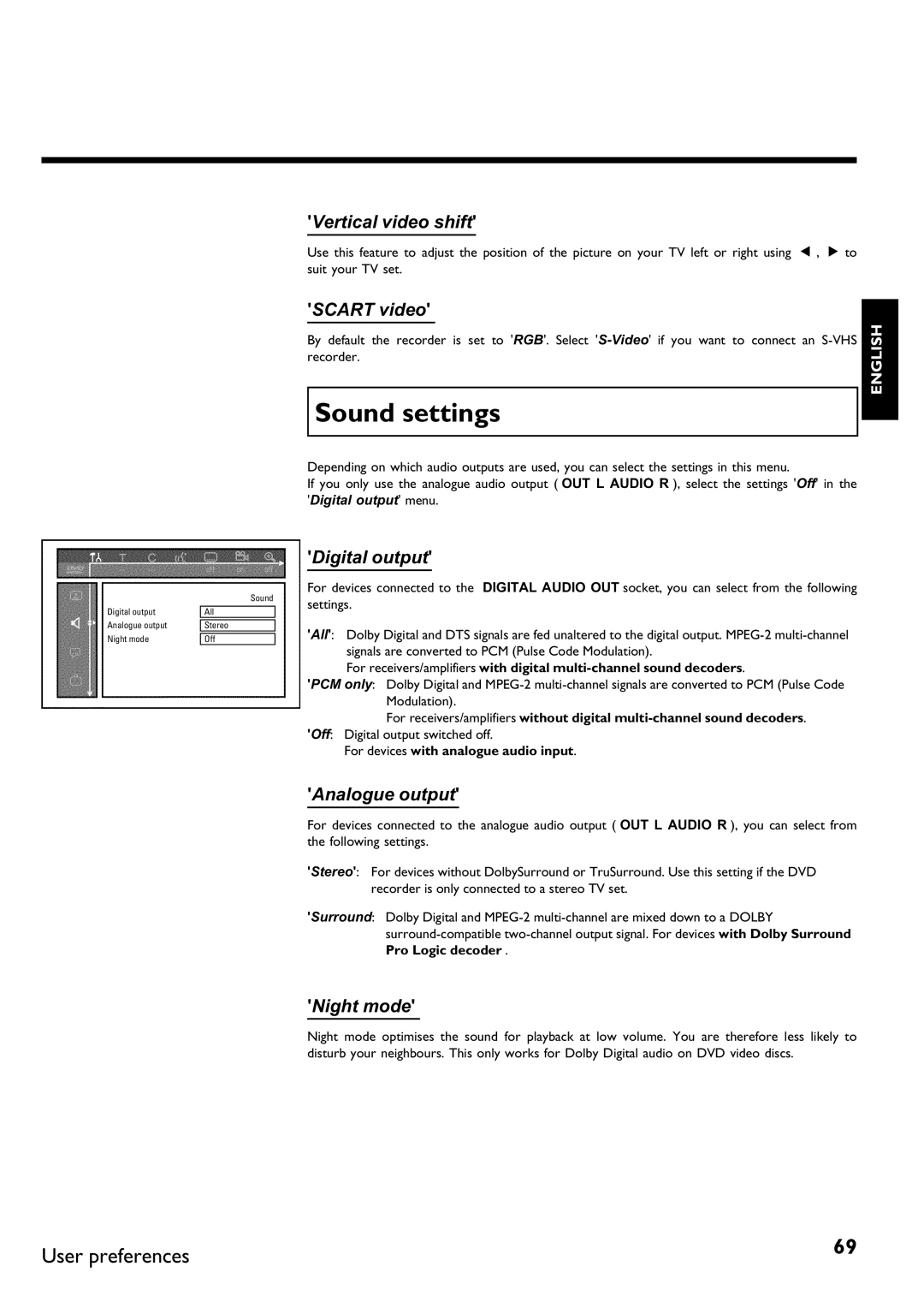 Philips DVDR75/021, DVDR75/001 manual Sound settings, For receivers/amplifiers with digital multisound decoders 