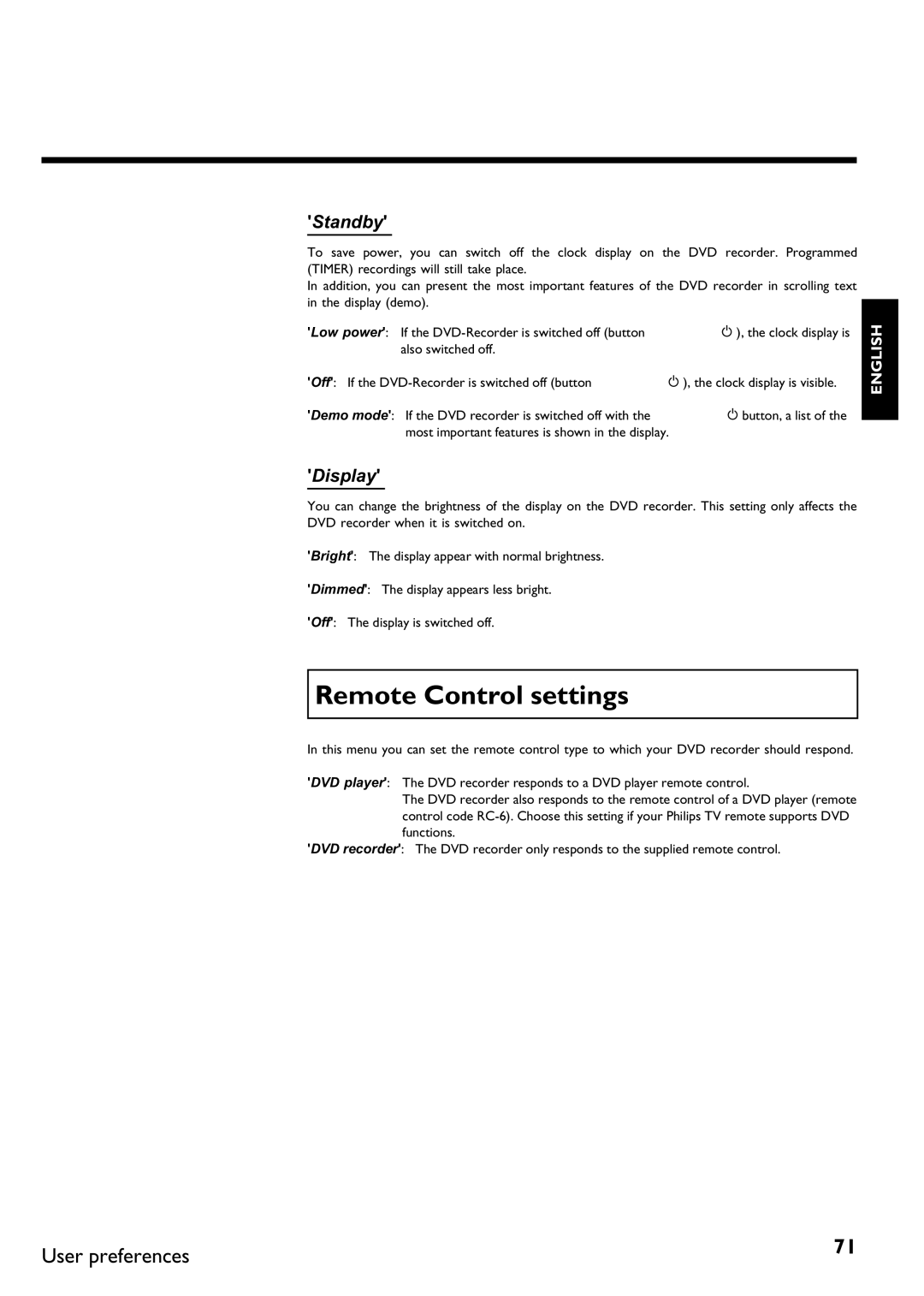 Philips DVDR75/021, DVDR75/001 manual Remote Control settings, Standby 