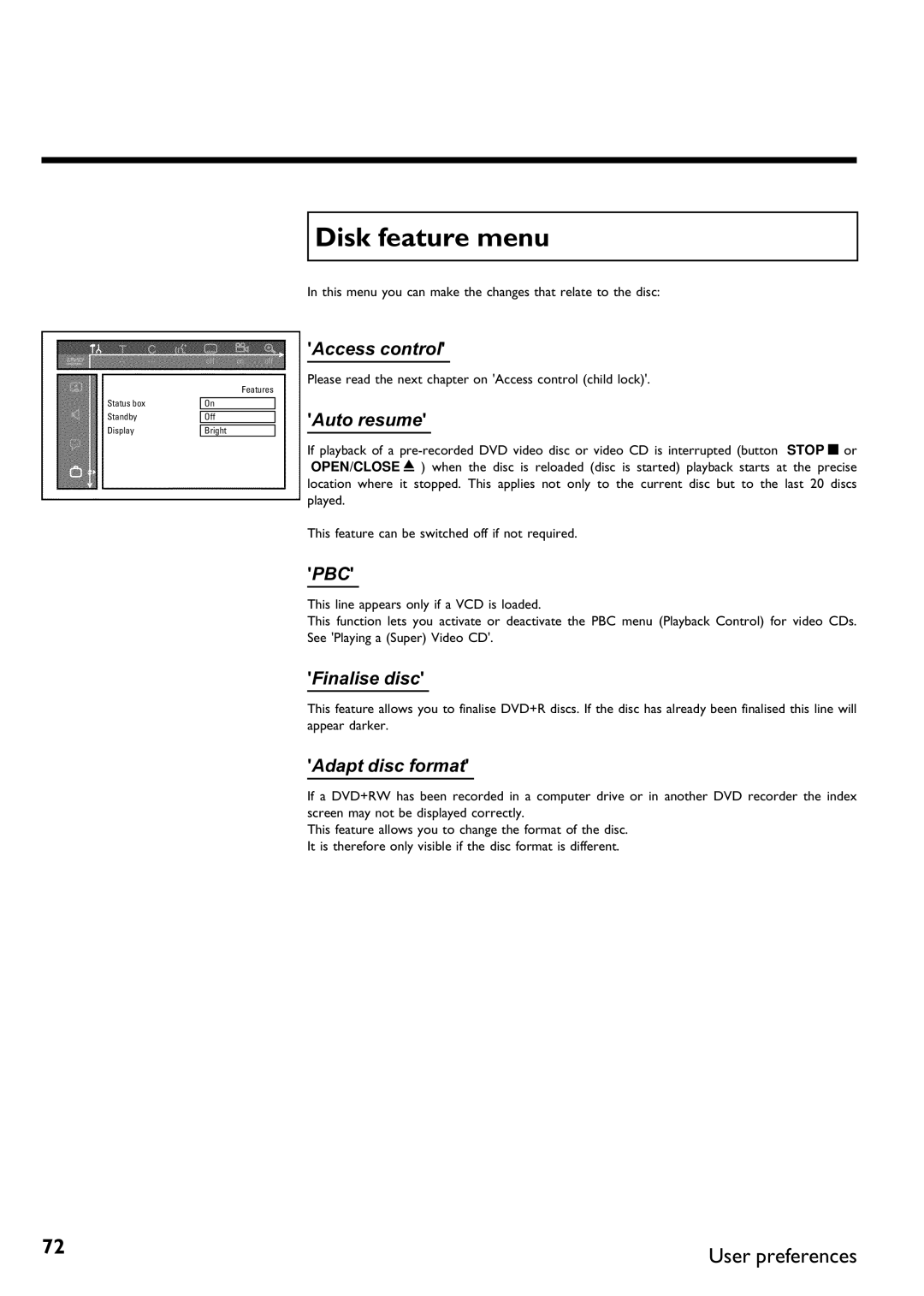 Philips DVDR75/001, DVDR75/021 manual Disk feature menu, Auto resume 