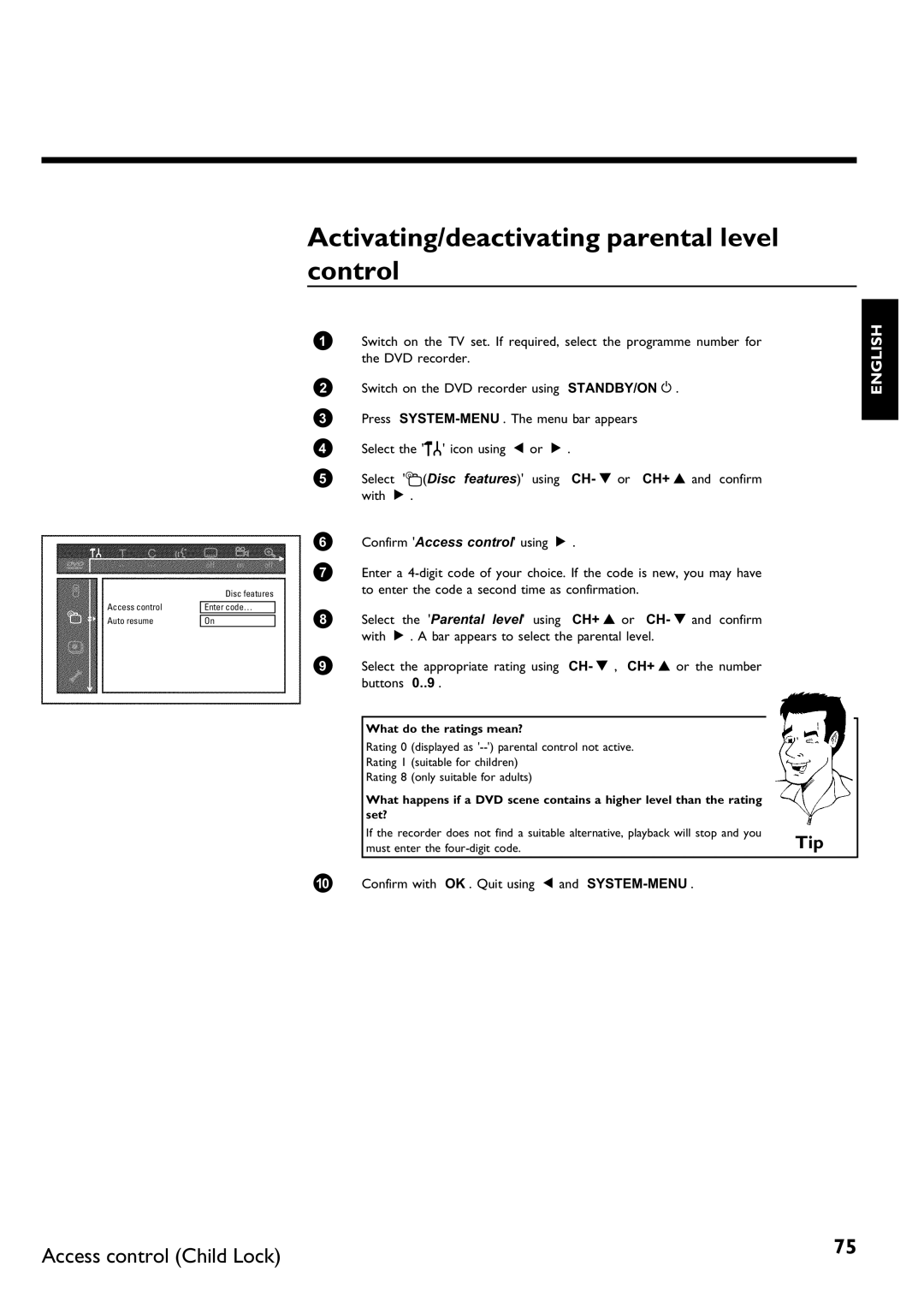 Philips DVDR75/021, DVDR75/001 manual Activating/deactivating parental level control, System-Menu, What do the ratings mean? 