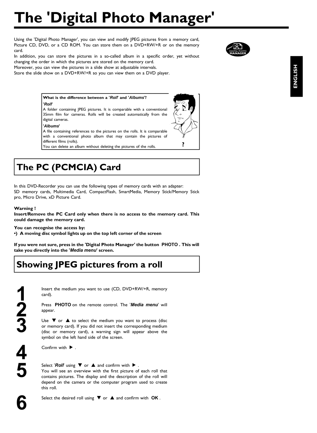 Philips DVDR77/17 manual Digital Photo Manager, PC Pcmcia Card, Showing Jpeg pictures from a roll 