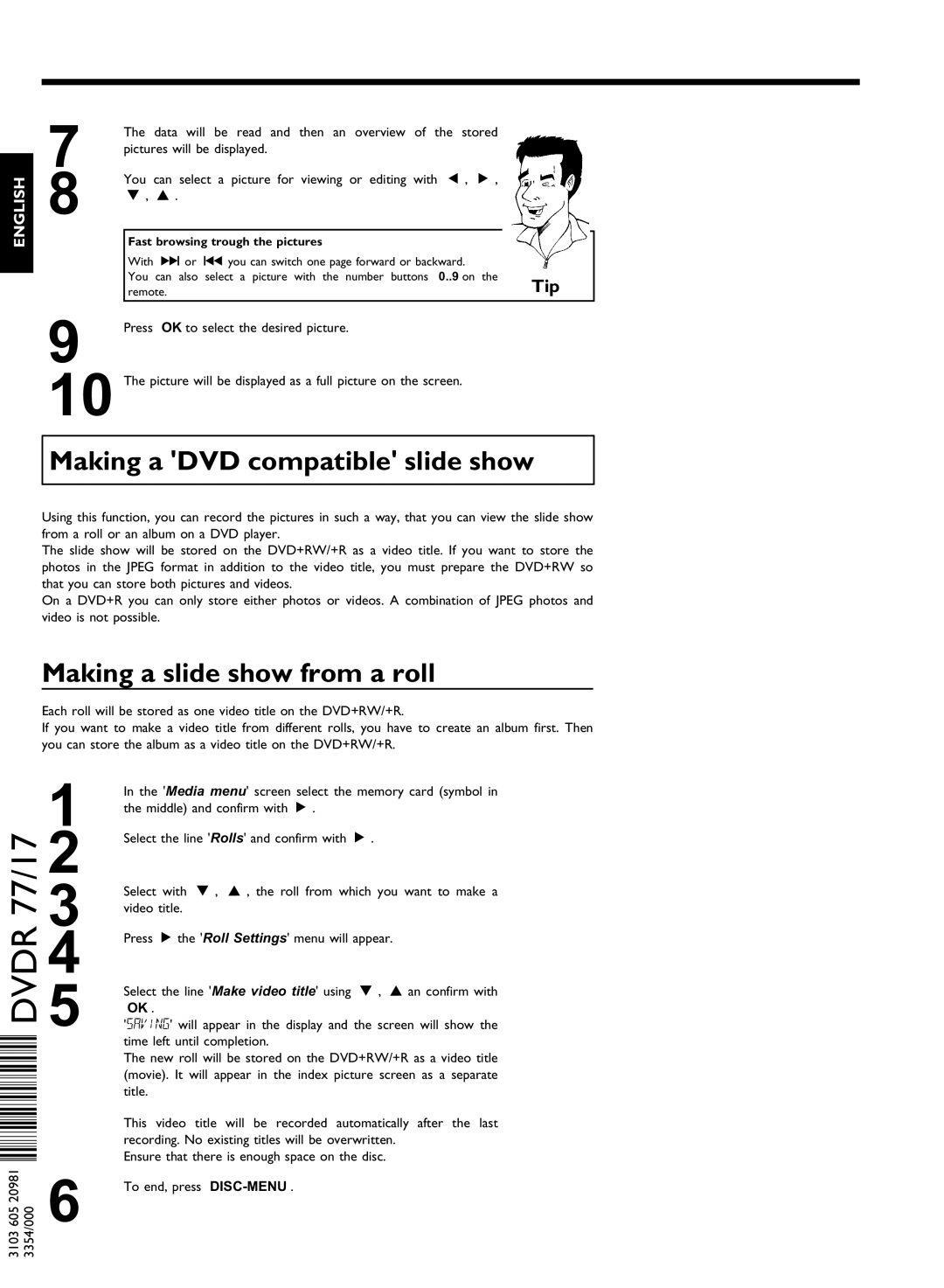 Philips DVDR77/17 manual Making a DVD compatible slide show, Making a slide show from a roll, 3354/000 
