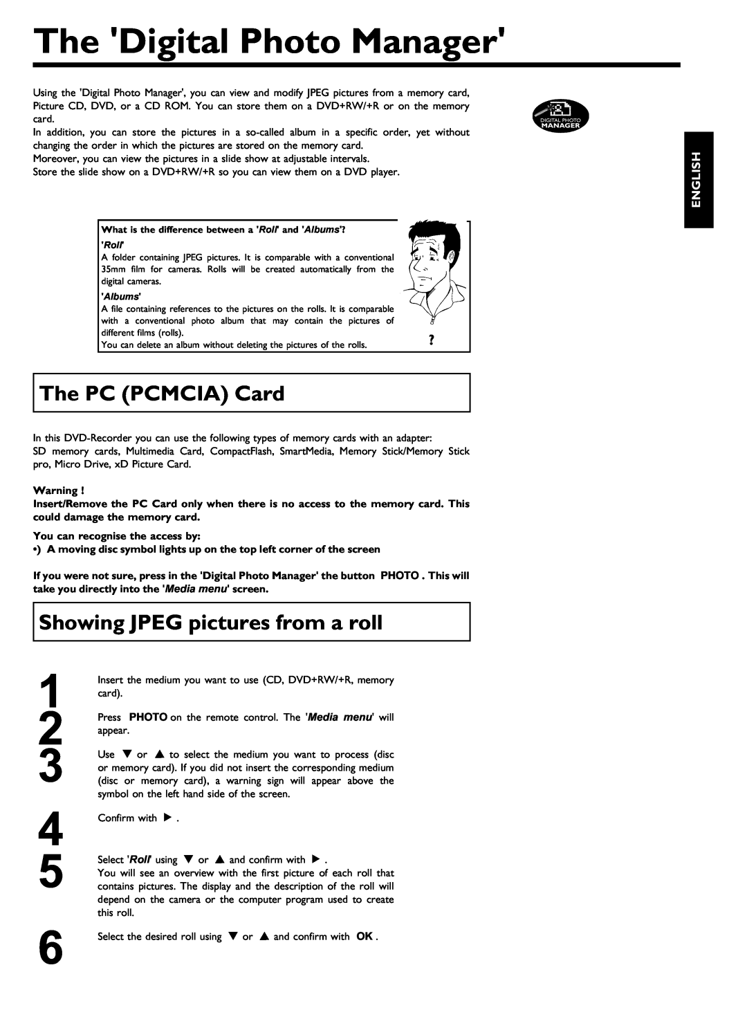 Philips DVDR77/17 manual The Digital Photo Manager, The PC PCMCIA Card, Showing JPEG pictures from a roll, English 
