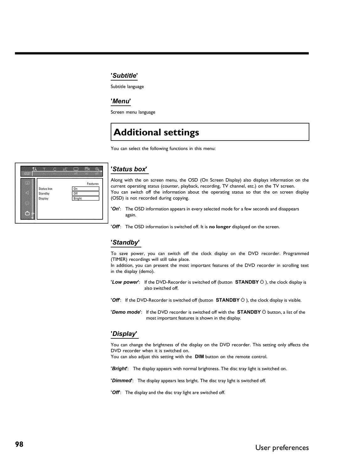 Philips DVDR80 manual Additional settings, Status box 