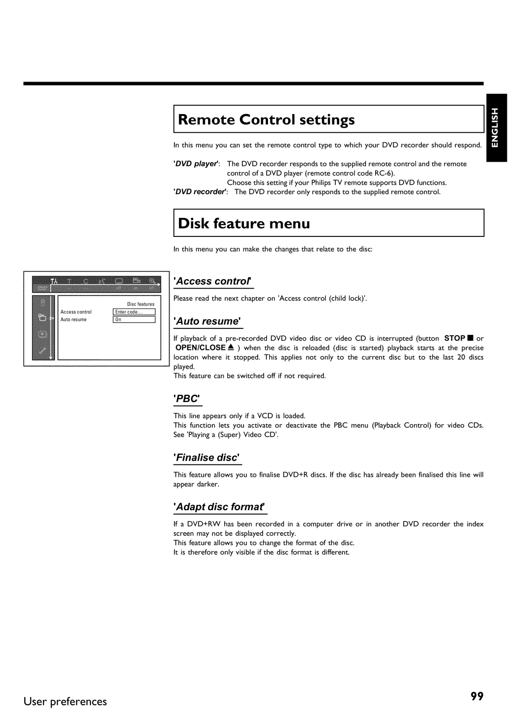 Philips DVDR80 manual Remote Control settings, Disk feature menu 