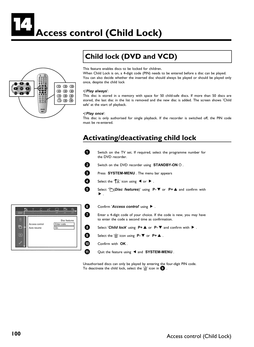 Philips DVDR80 manual NAccess control Child Lock, Child lock DVD and VCD, Activating/deactivating child lock 