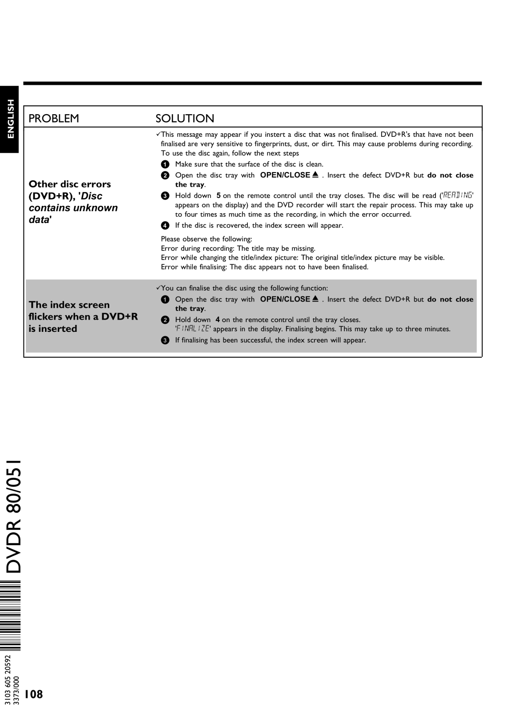 Philips DVDR80 manual Other disc errors, DVD+R, Disc, Index screen, Flickers when a DVD+R, Is inserted 