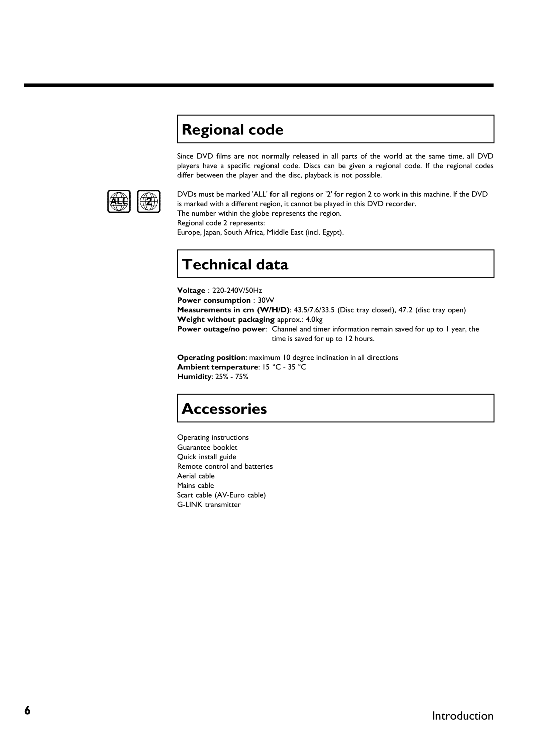 Philips DVDR80 manual Regional code, Technical data, Accessories 