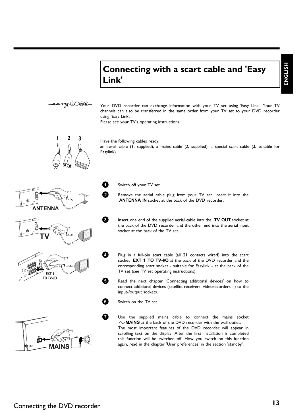 Philips DVDR80 manual Connecting with a scart cable and Easy Link 