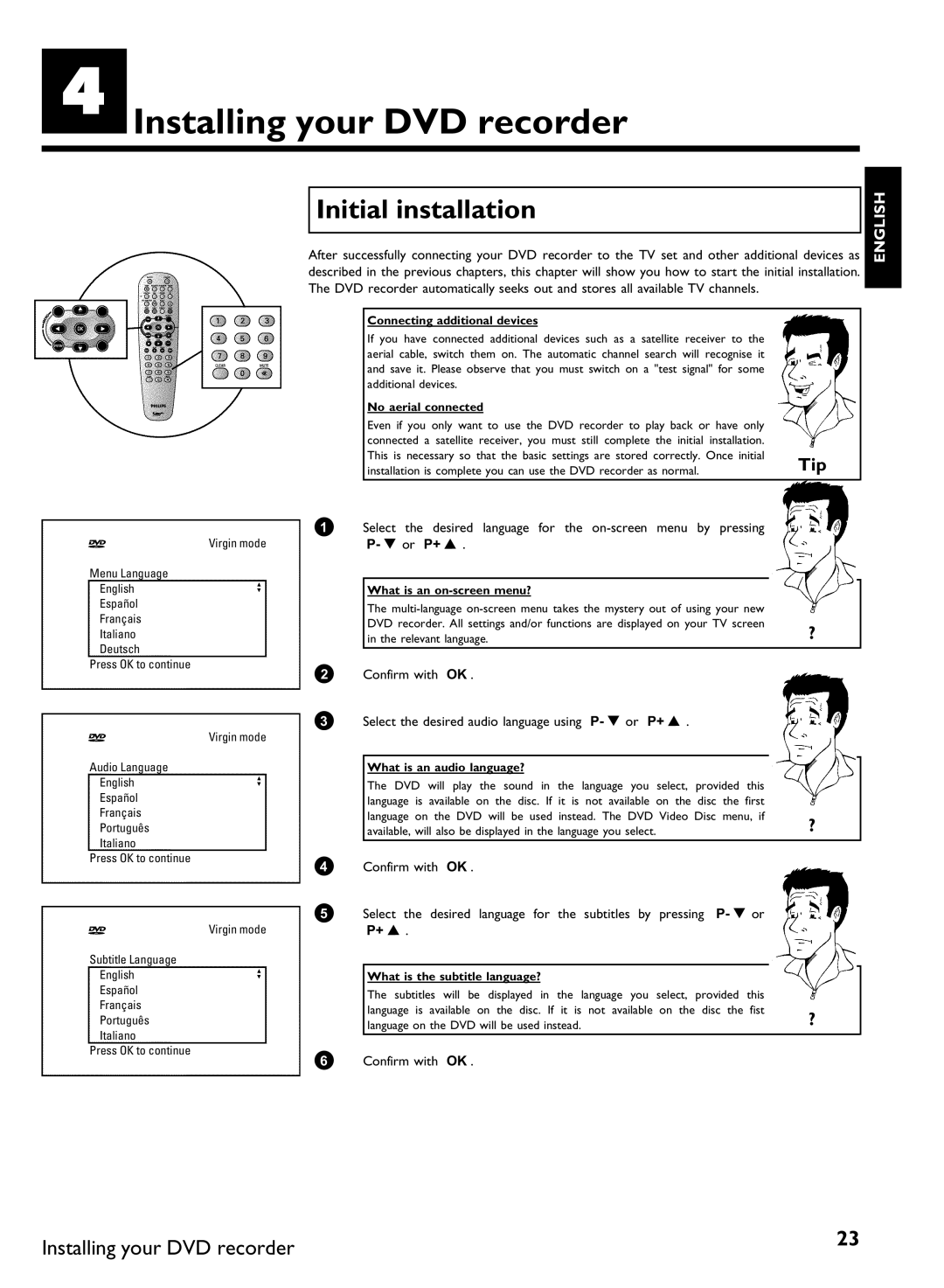 Philips DVDR80 manual DInstalling your DVD recorder, Initial installation 