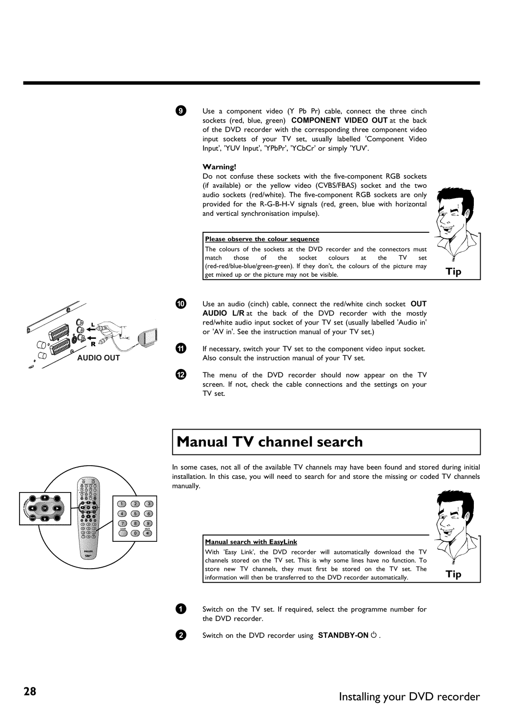 Philips DVDR80 manual Manual TV channel search, Manual search with EasyLink 