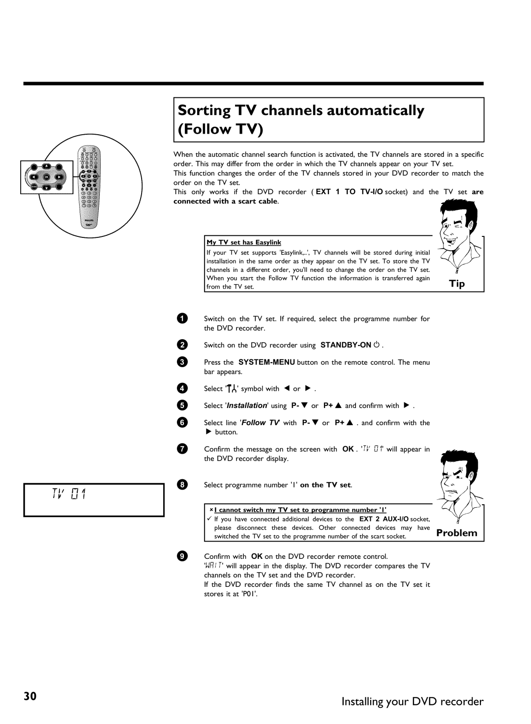 Philips DVDR80 manual Sorting TV channels automatically Follow TV, My TV set has Easylink 