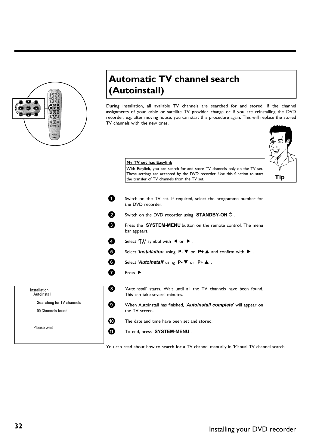 Philips DVDR80 manual Automatic TV channel search Autoinstall 