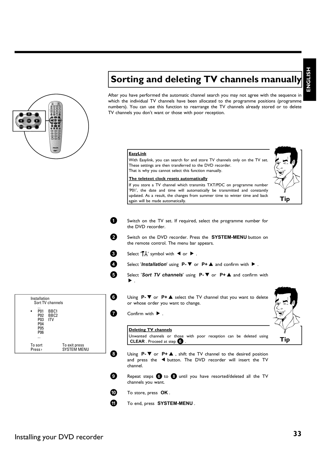 Philips DVDR80 manual EasyLink, Teletext clock resets automatically, Deleting TV channels 