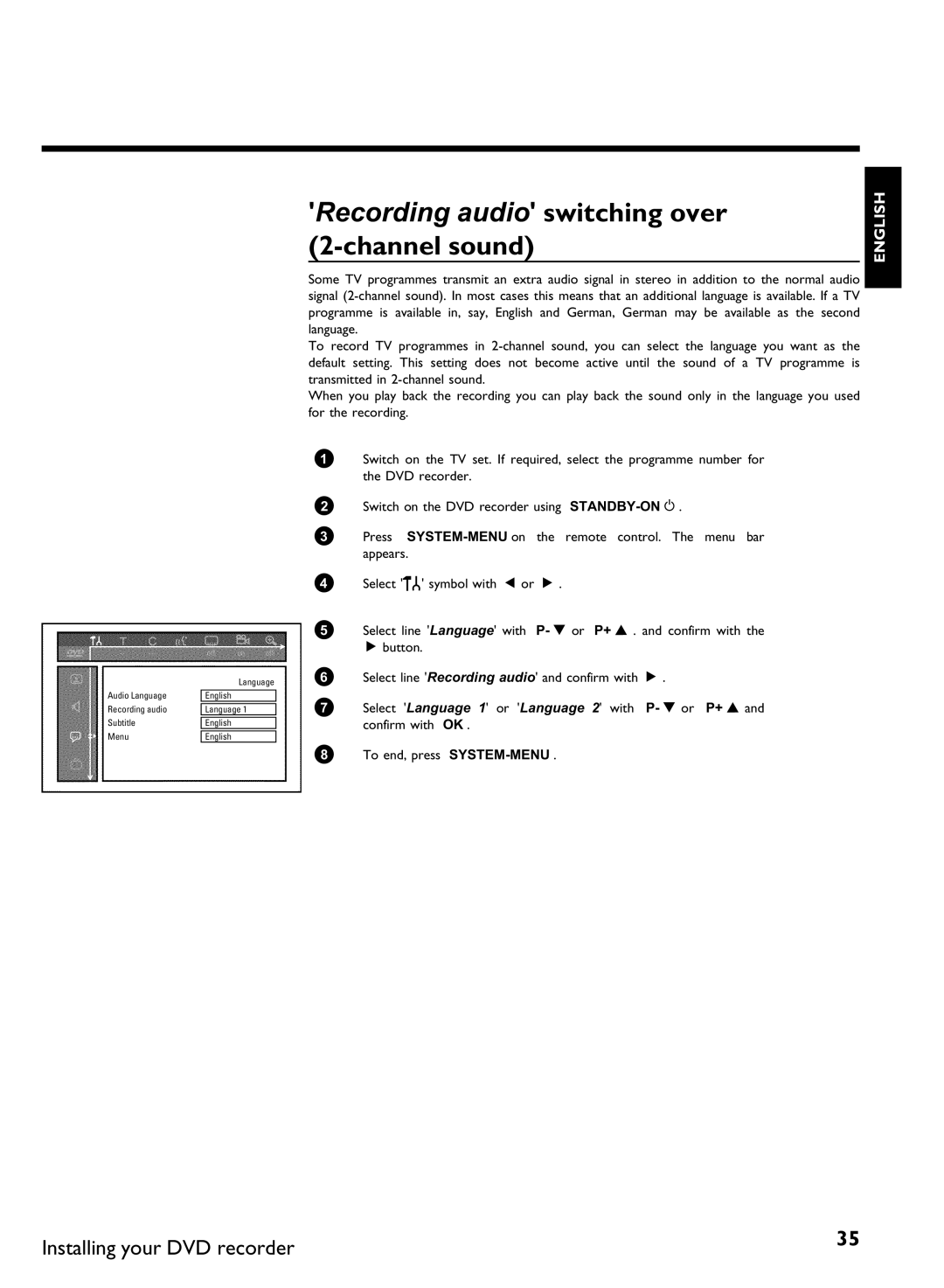 Philips DVDR80 manual Recording audio switching over, Sound 