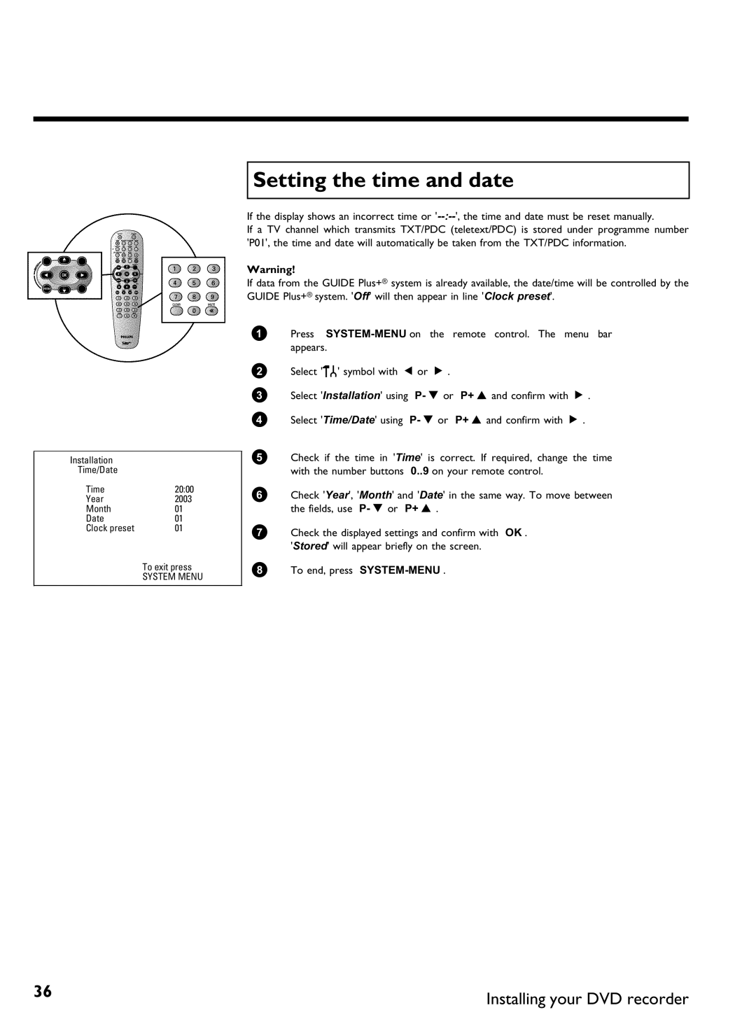 Philips DVDR80 manual Setting the time and date 