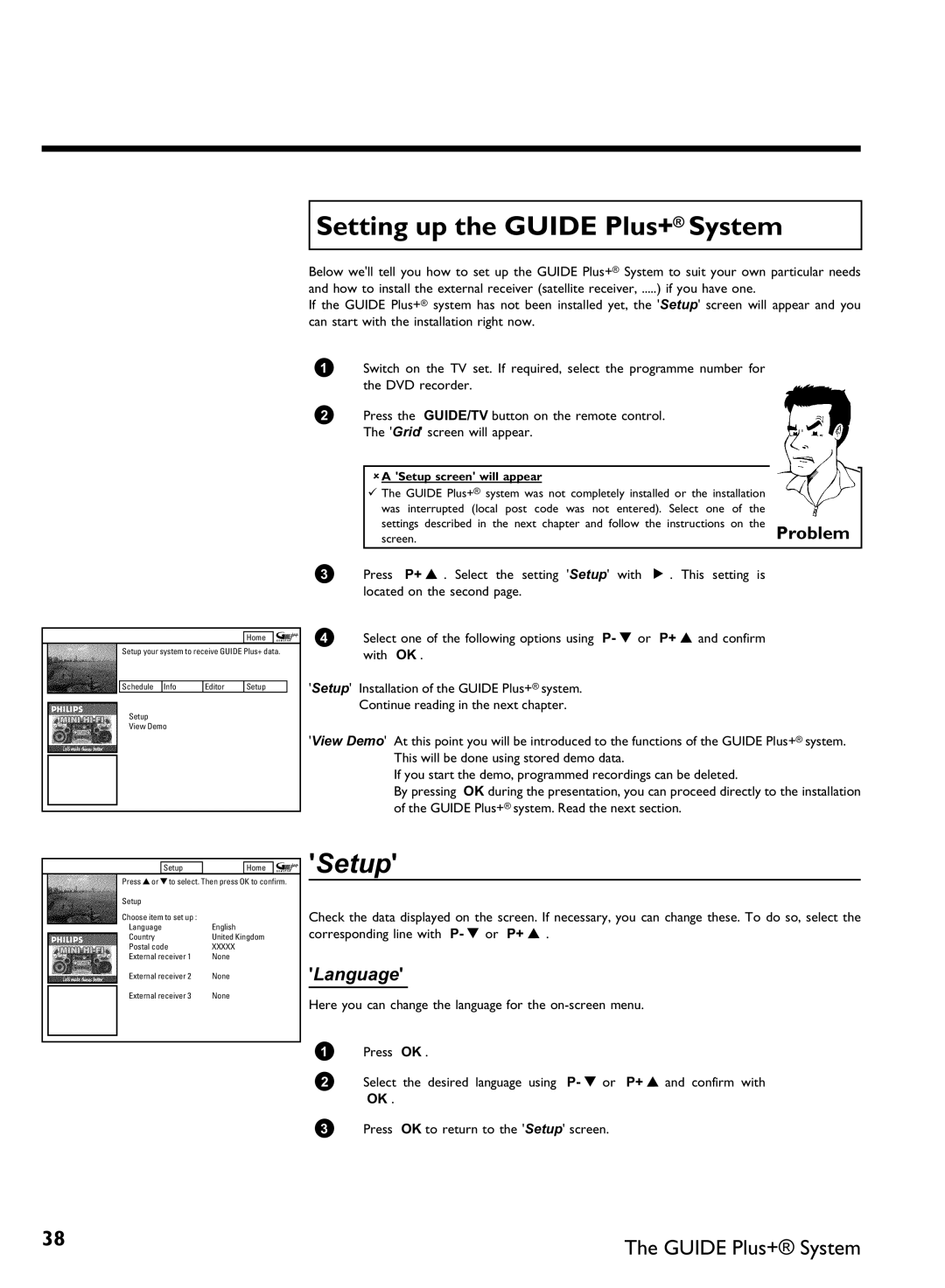 Philips DVDR80 manual Setting up the Guide Plus+ System, Setup 