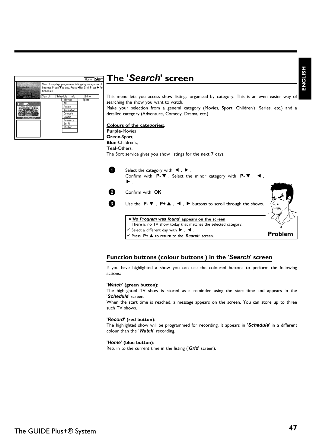 Philips DVDR80 manual Search screen, Colours of the categories, ANo Program was found appears on the screen 