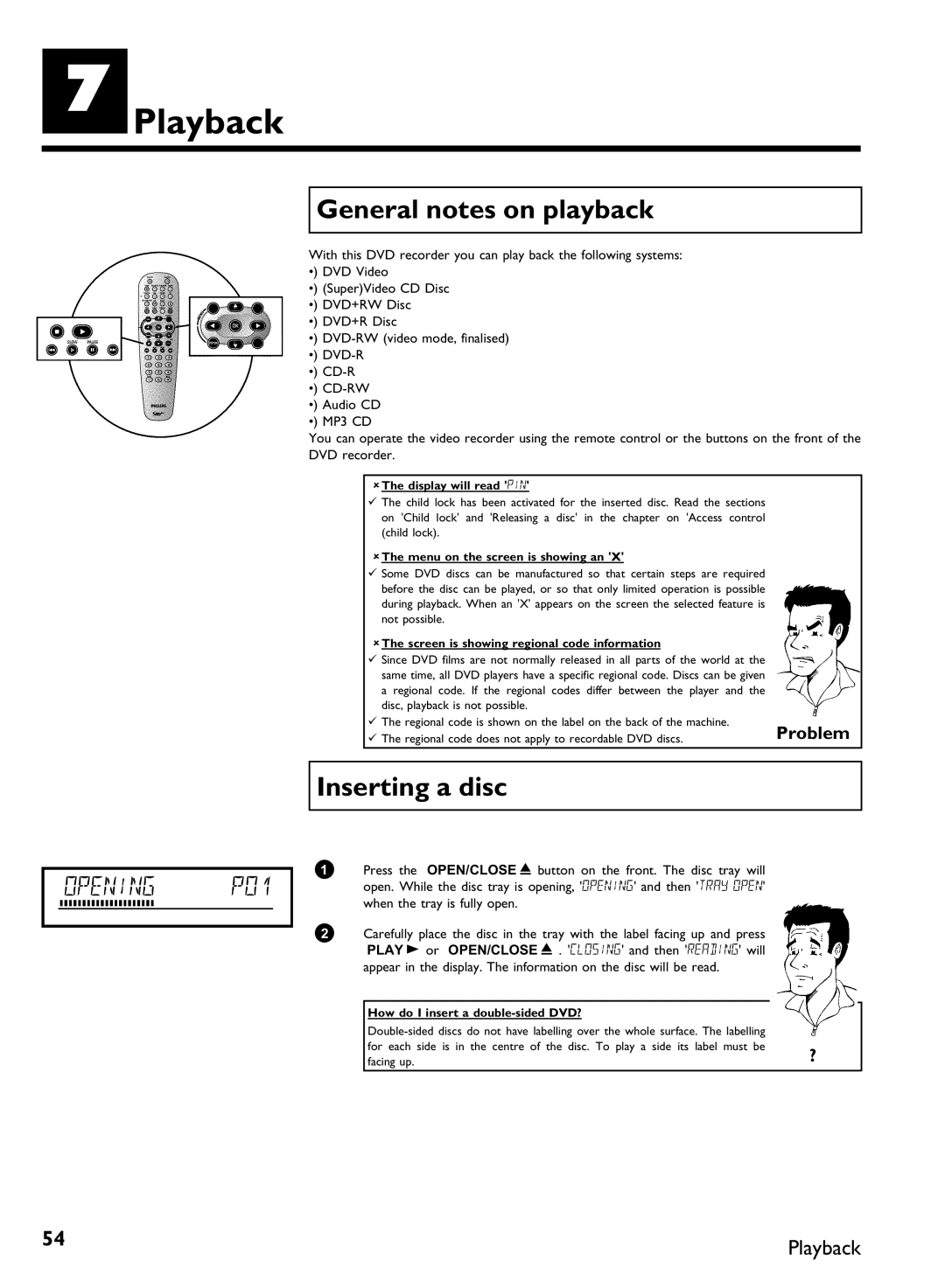 Philips DVDR80 manual GPlayback, General notes on playback, Inserting a disc 