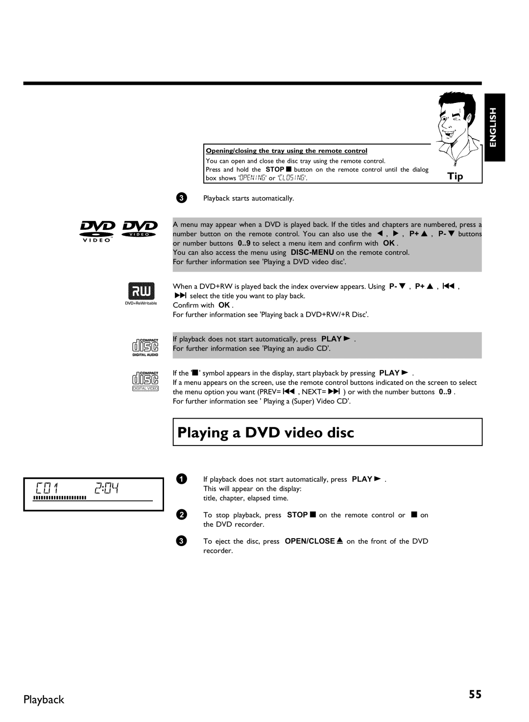 Philips DVDR80 manual Playing a DVD video disc, Opening/closing the tray using the remote control 