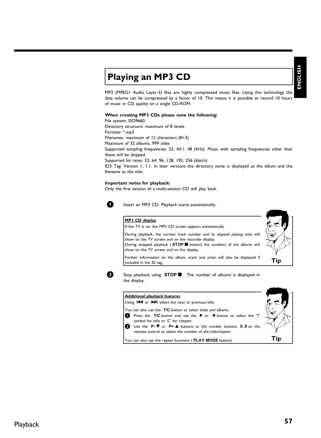 Philips DVDR80 manual Playing an MP3 CD, When creating MP3 CDs please note the following, Important notes for playback 