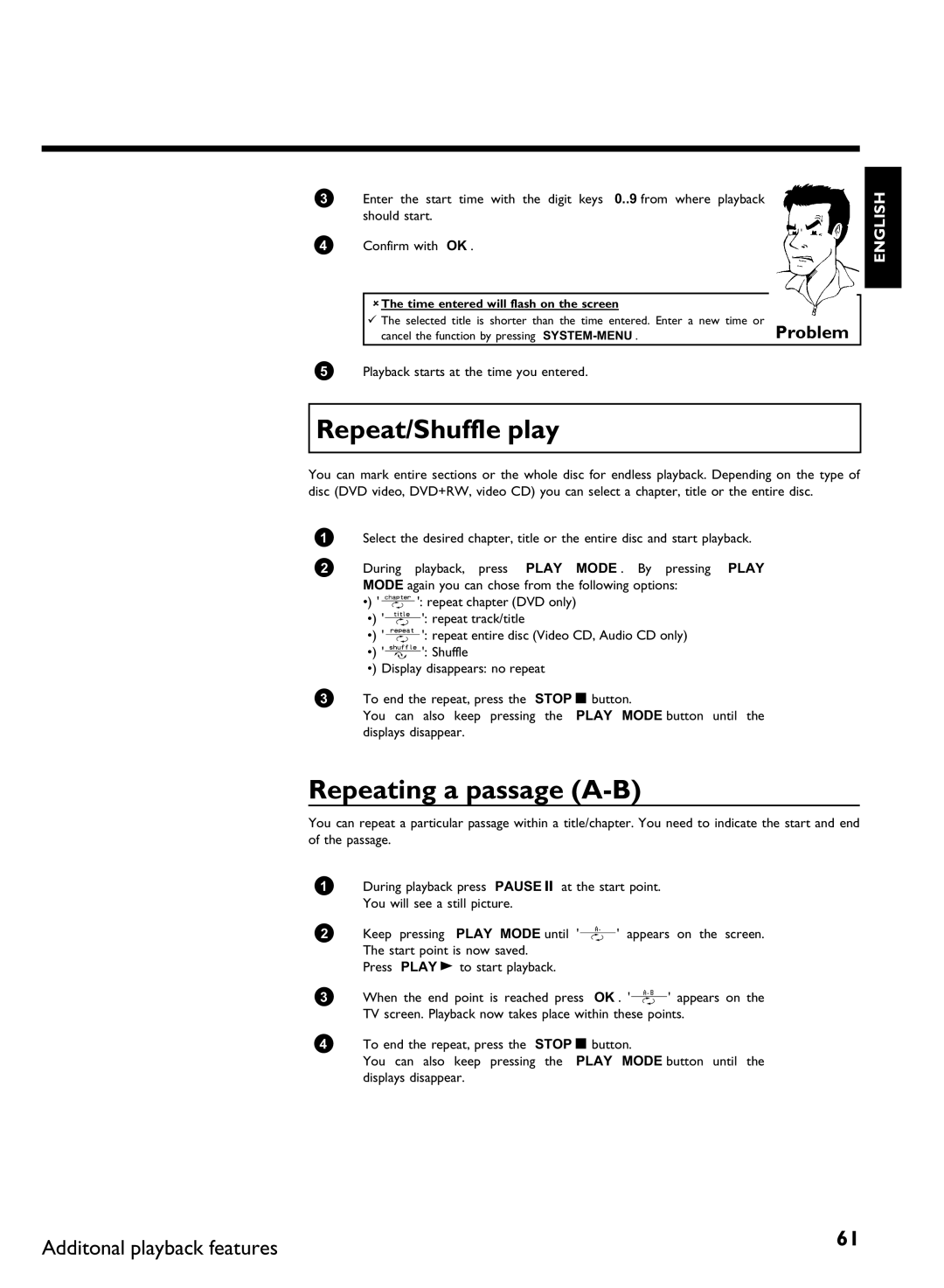 Philips DVDR80 manual Repeat/Shuffle play, Repeating a passage a, AThe time entered will flash on the screen 