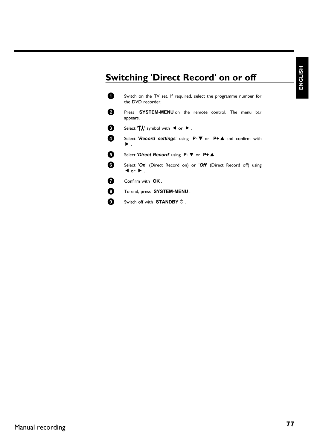 Philips DVDR80 manual Switching Direct Record on or off 