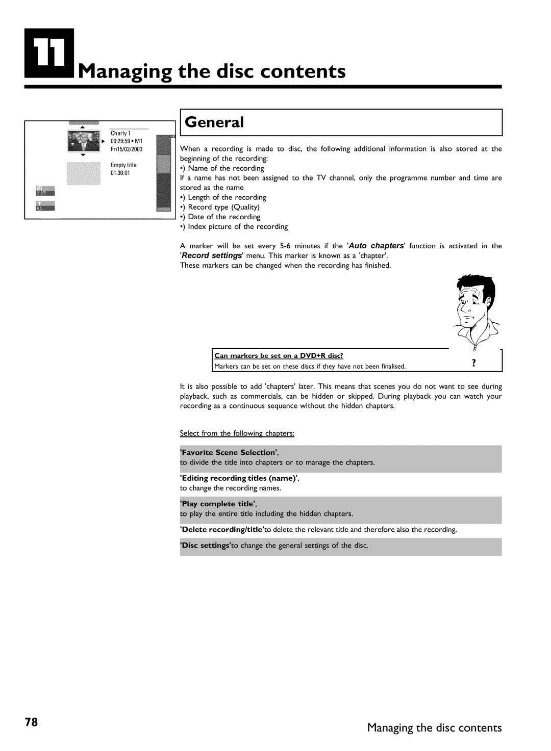 Philips DVDR80 manual KManaging the disc contents 