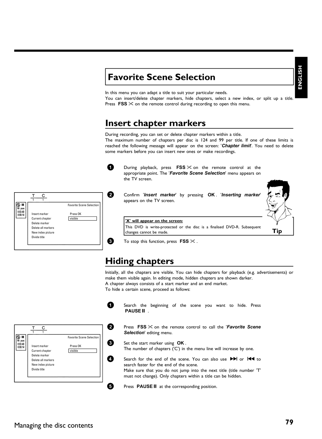 Philips DVDR80 manual Favorite Scene Selection, Insert chapter markers, Hiding chapters 