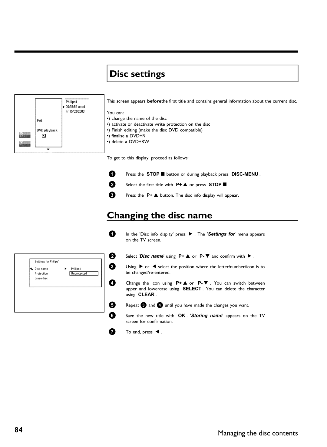 Philips DVDR80 manual Disc settings, Changing the disc name 