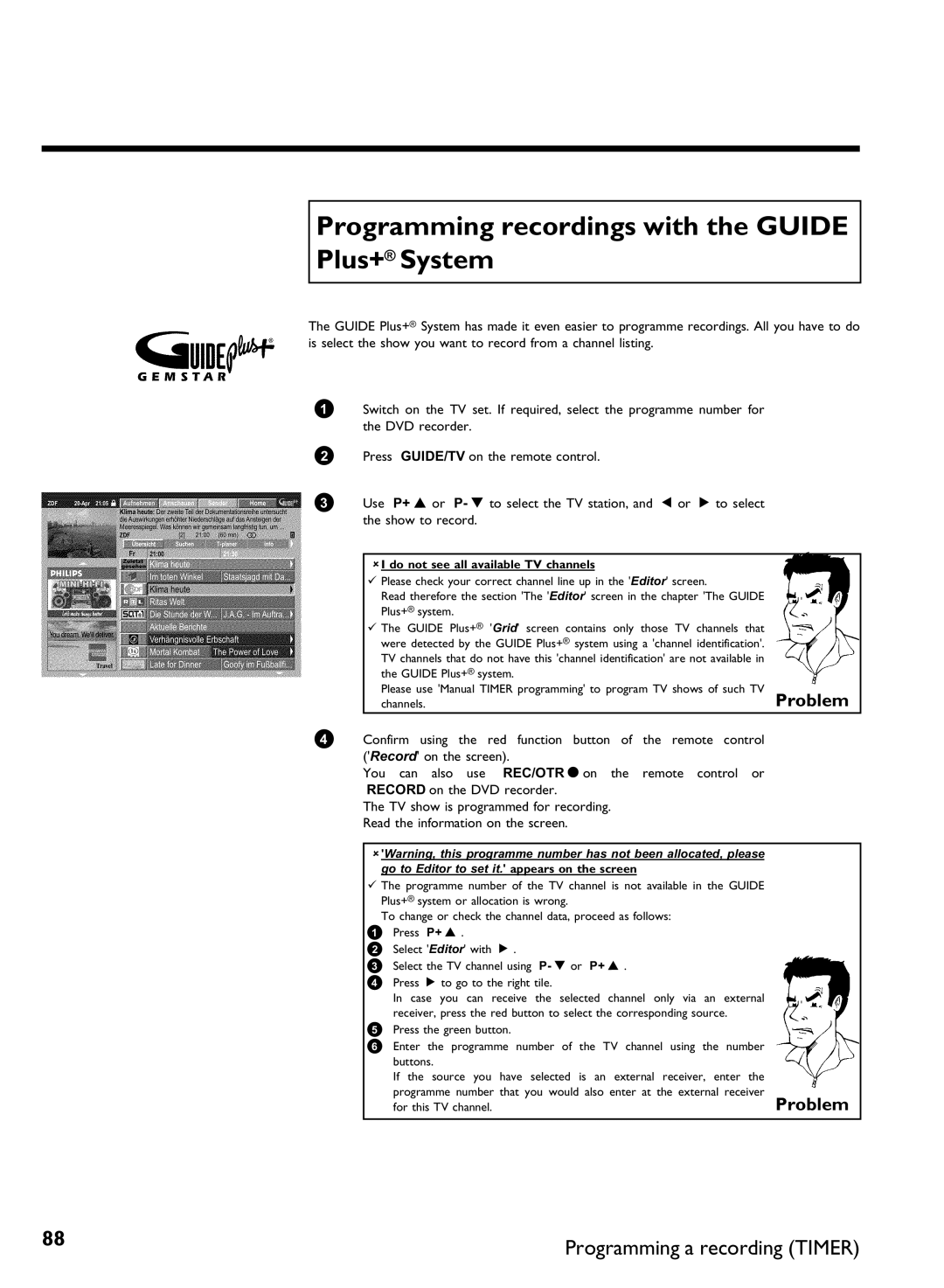 Philips DVDR80 manual Programming recordings with the Guide Plus+ System, Programming a recording Timer 