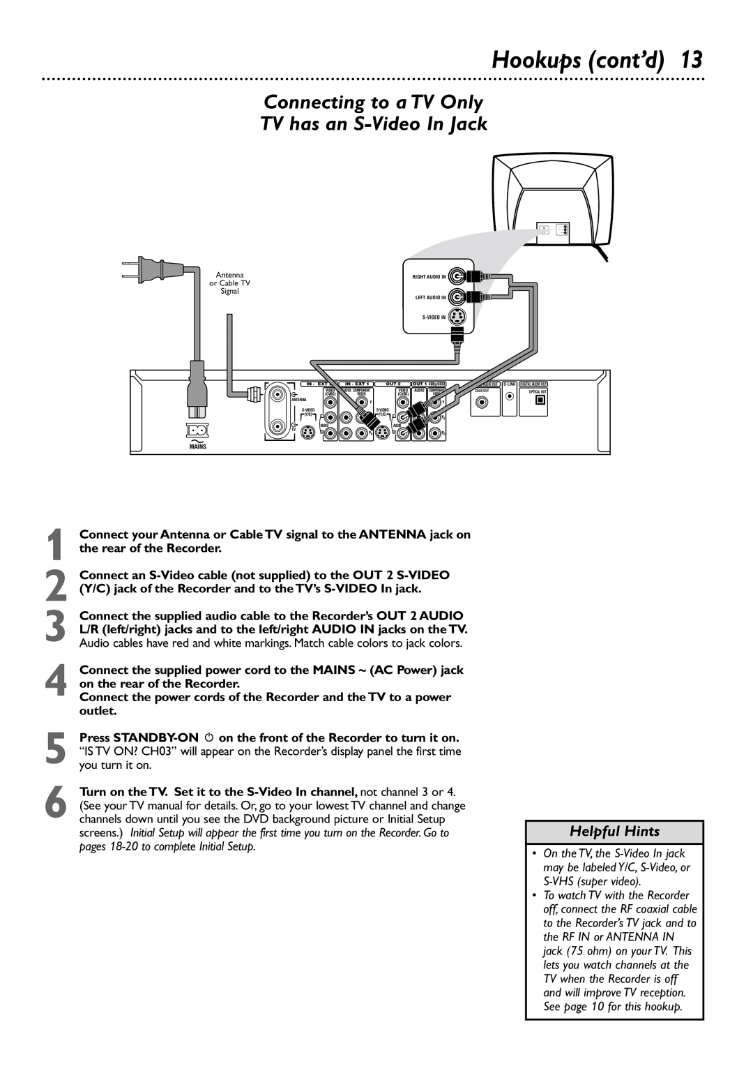 Philips DVDR80/99 owner manual Connecting to a TV Only TV has an S-Video In Jack 