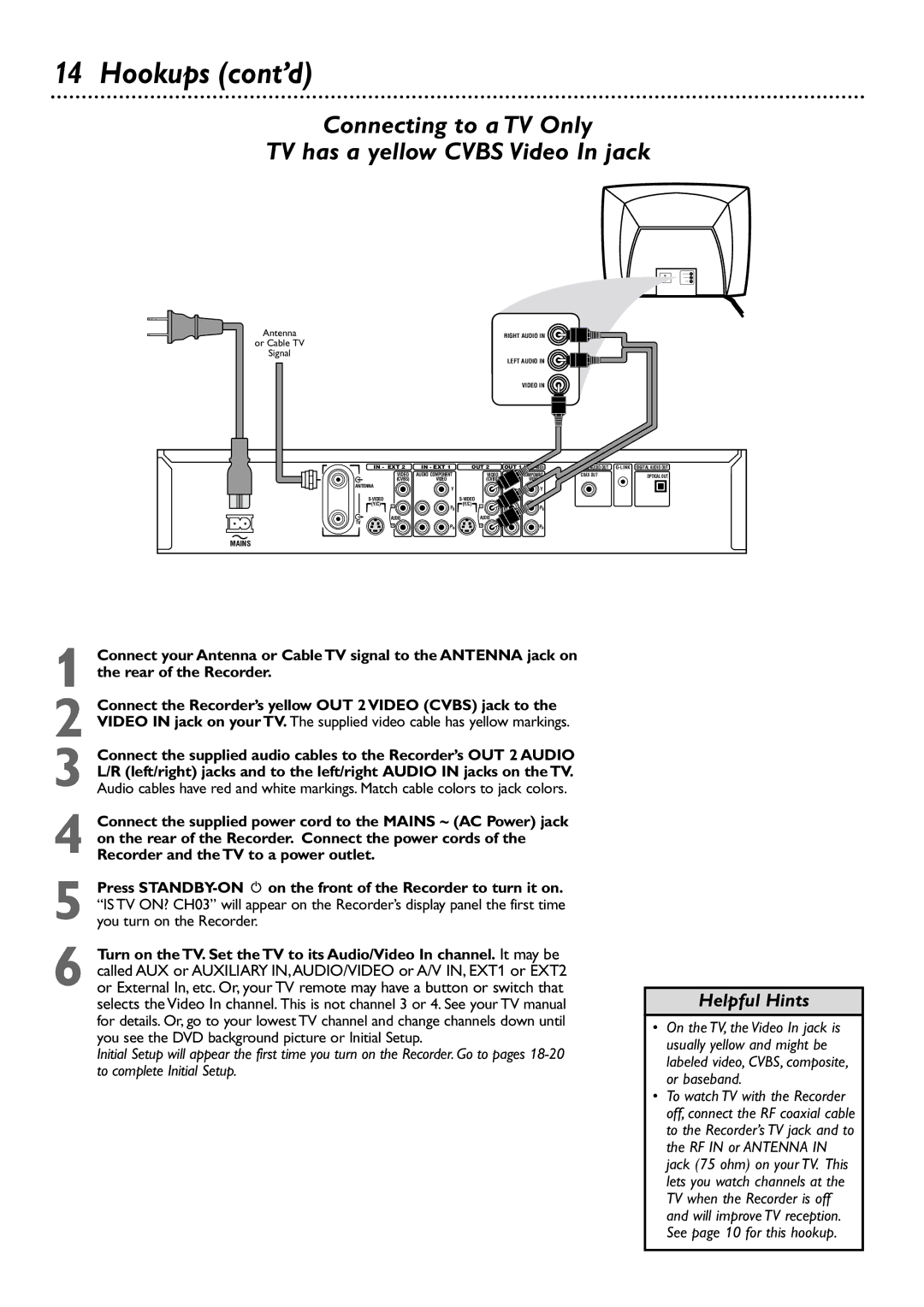 Philips DVDR80/99 owner manual Connecting to a TV Only TV has a yellow Cvbs Video In jack 