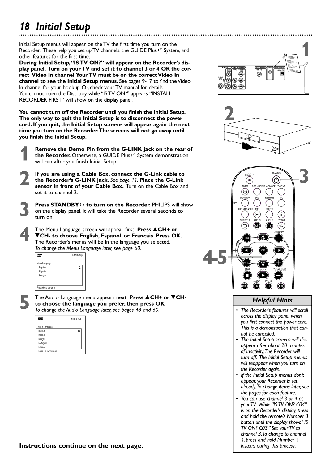 Philips DVDR80/99 owner manual Initial Setup, Instructions continue on the next 