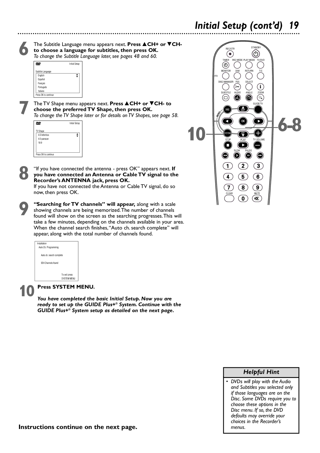 Philips DVDR80/99 owner manual Initial Setup cont’d, Helpful Hint 