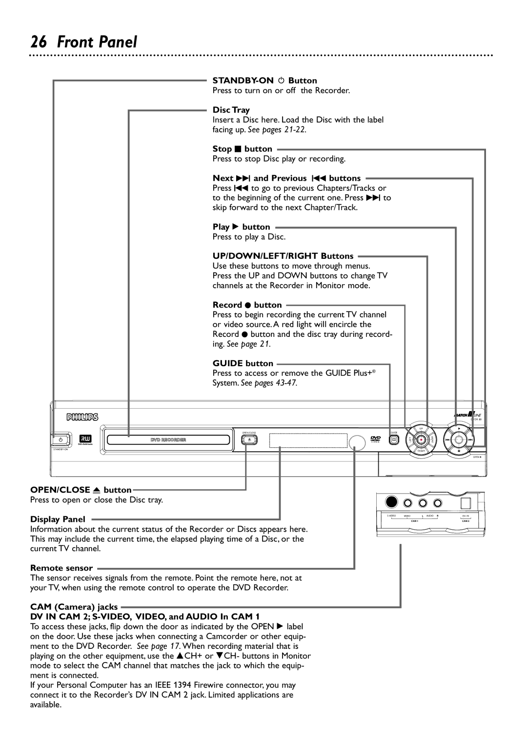 Philips DVDR80/99 owner manual Front Panel 