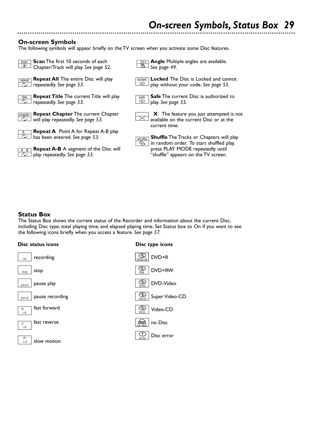 Philips DVDR80/99 owner manual On-screen Symbols, Status Box, Disc status icons, Disc type icons 