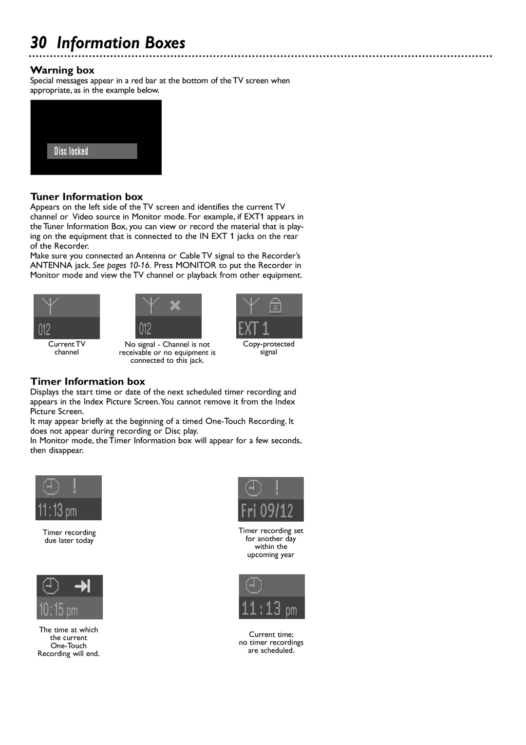 Philips DVDR80/99 owner manual Information Boxes, Tuner Information box, Timer Information box 