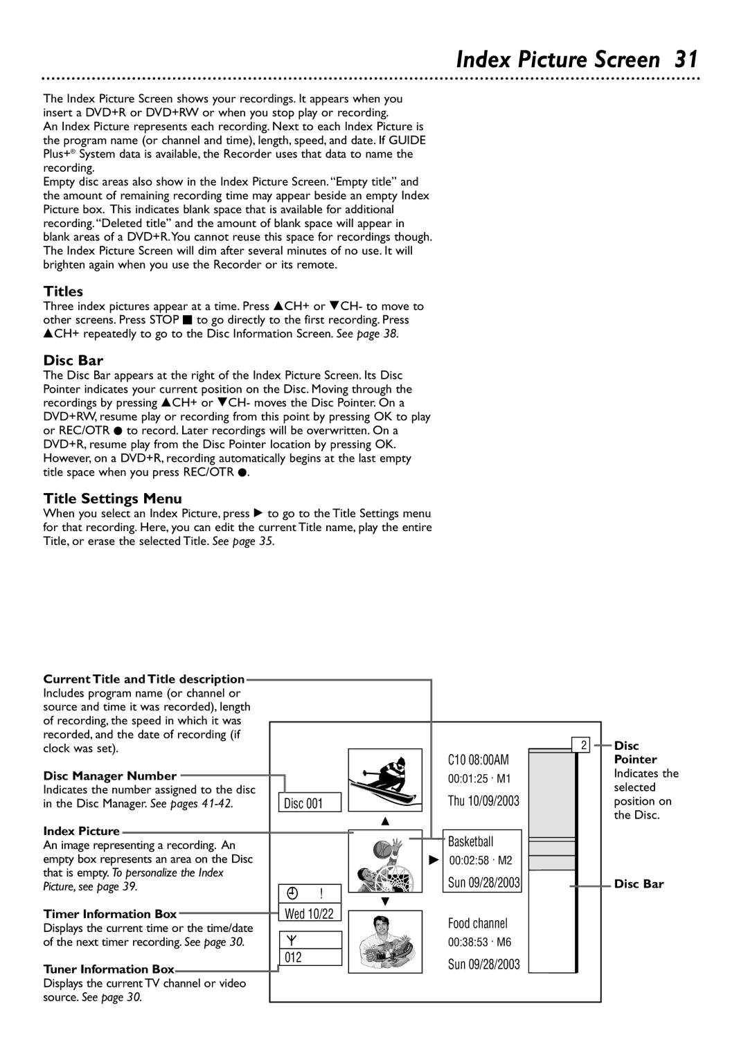 Philips DVDR80/99 owner manual Index Picture Screen, Titles, Disc Bar, Title Settings Menu 