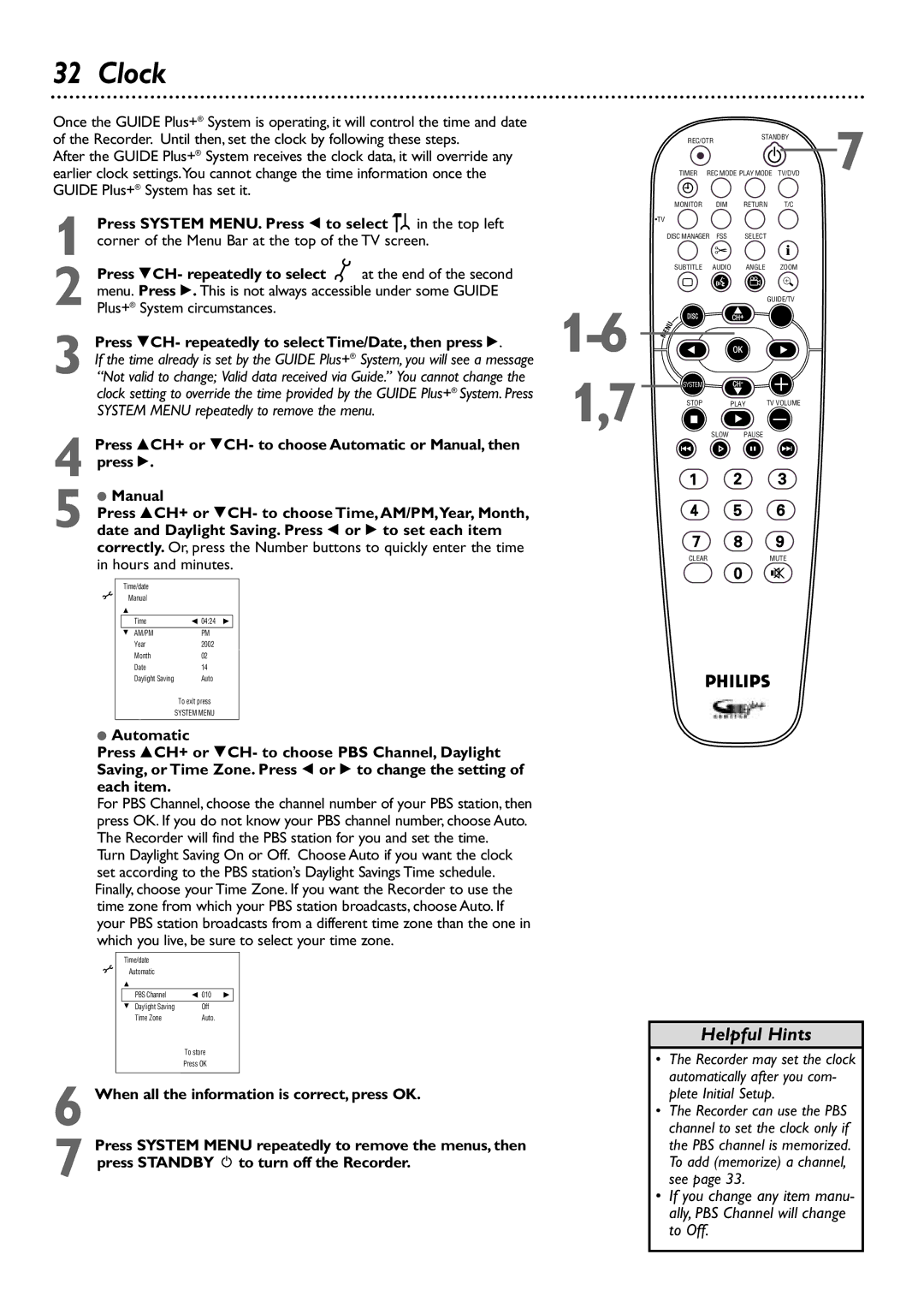 Philips DVDR80/99 owner manual Clock, Press System MENU. Press to select, Press 9CH- repeatedly to select 