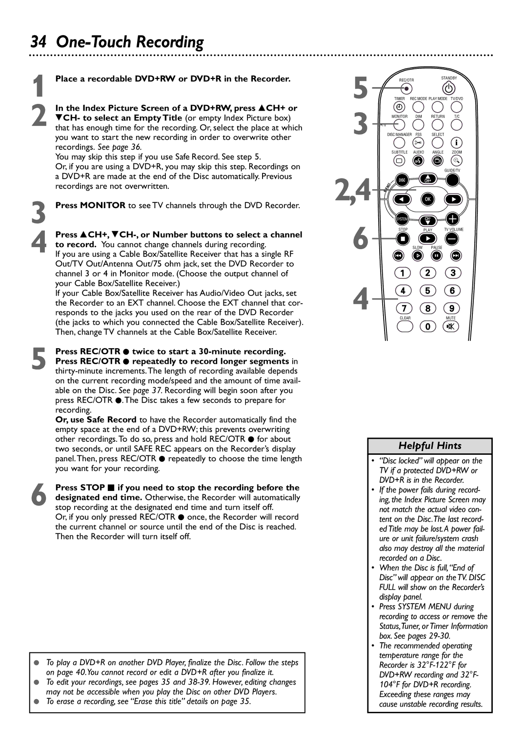 Philips DVDR80/99 owner manual One-Touch Recording, To erase a recording, see Erase this title details on 