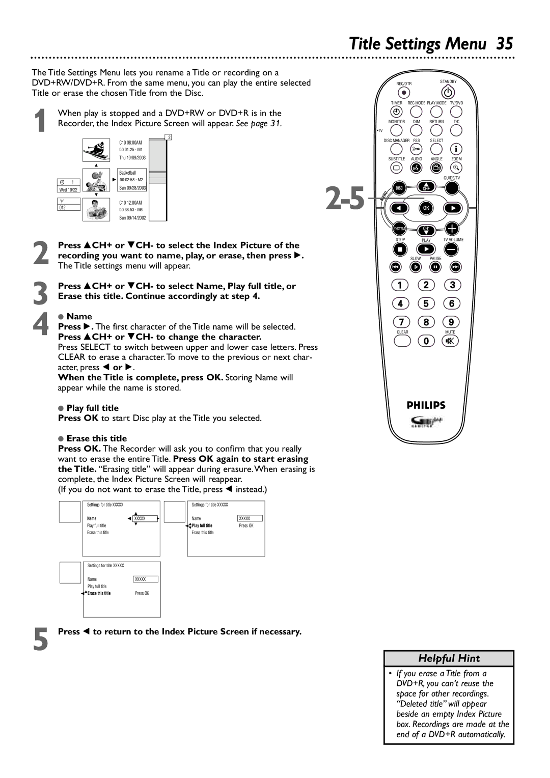 Philips DVDR80/99 Title or erase the chosen Title from the Disc, Press OK to start Disc play at the Title you selected 