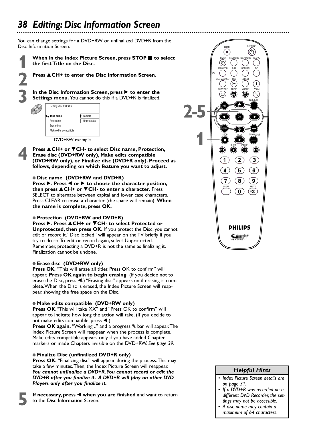 Philips DVDR80/99 owner manual Editing Disc Information Screen 