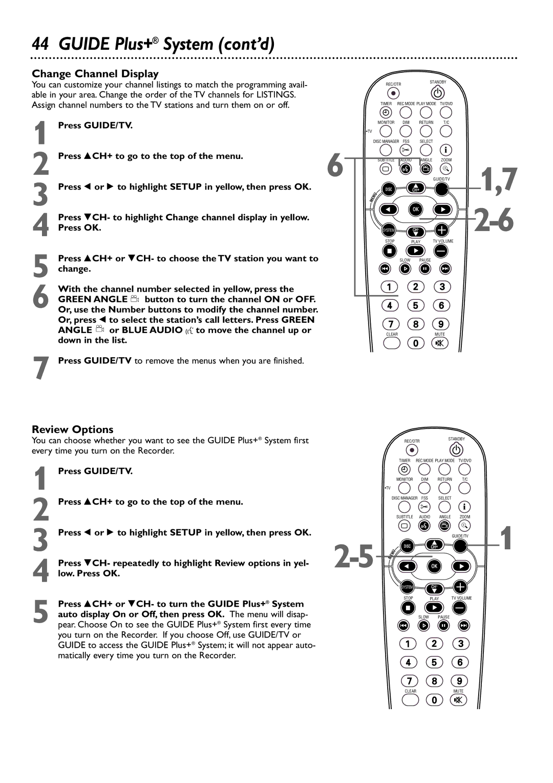 Philips DVDR80/99 owner manual Guide Plus+ System cont’d, Change Channel Display, Review Options, Press GUIDE/TV 