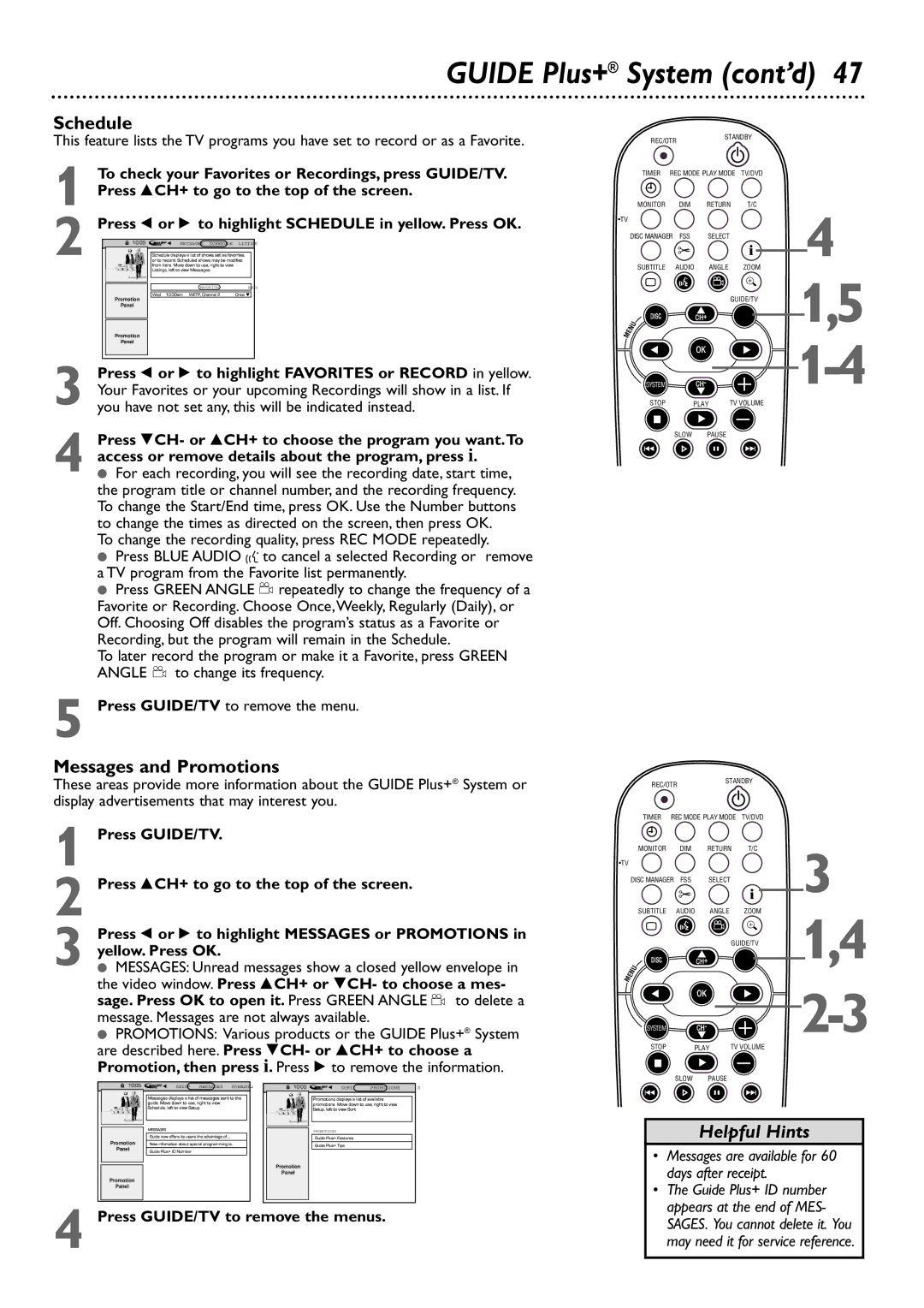 Philips DVDR80/99 owner manual Schedule, Messages and Promotions 