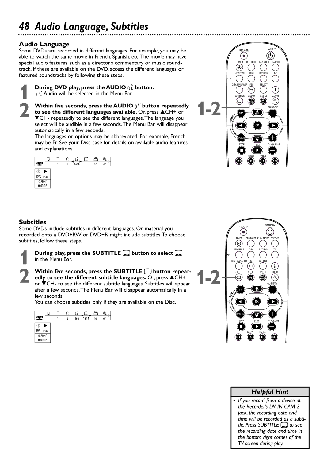 Philips DVDR80/99 owner manual Audio Language, Subtitles 