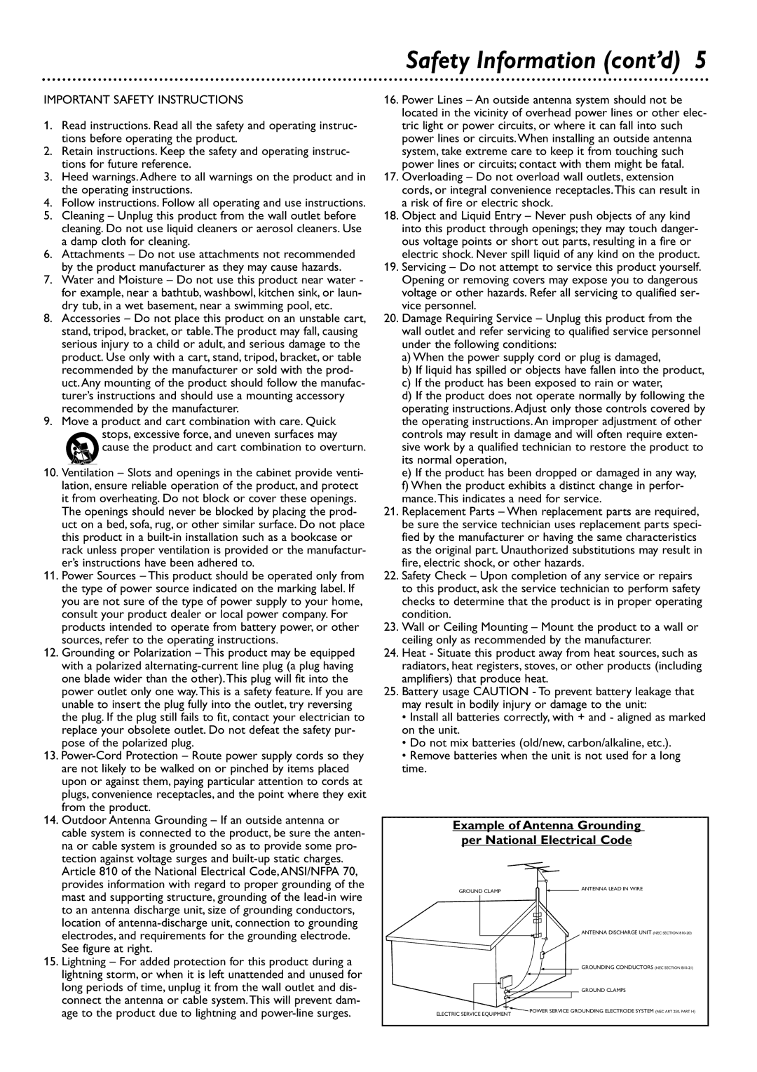 Philips DVDR80/99 owner manual Safety Information cont’d, Example of Antenna Grounding per National Electrical Code 