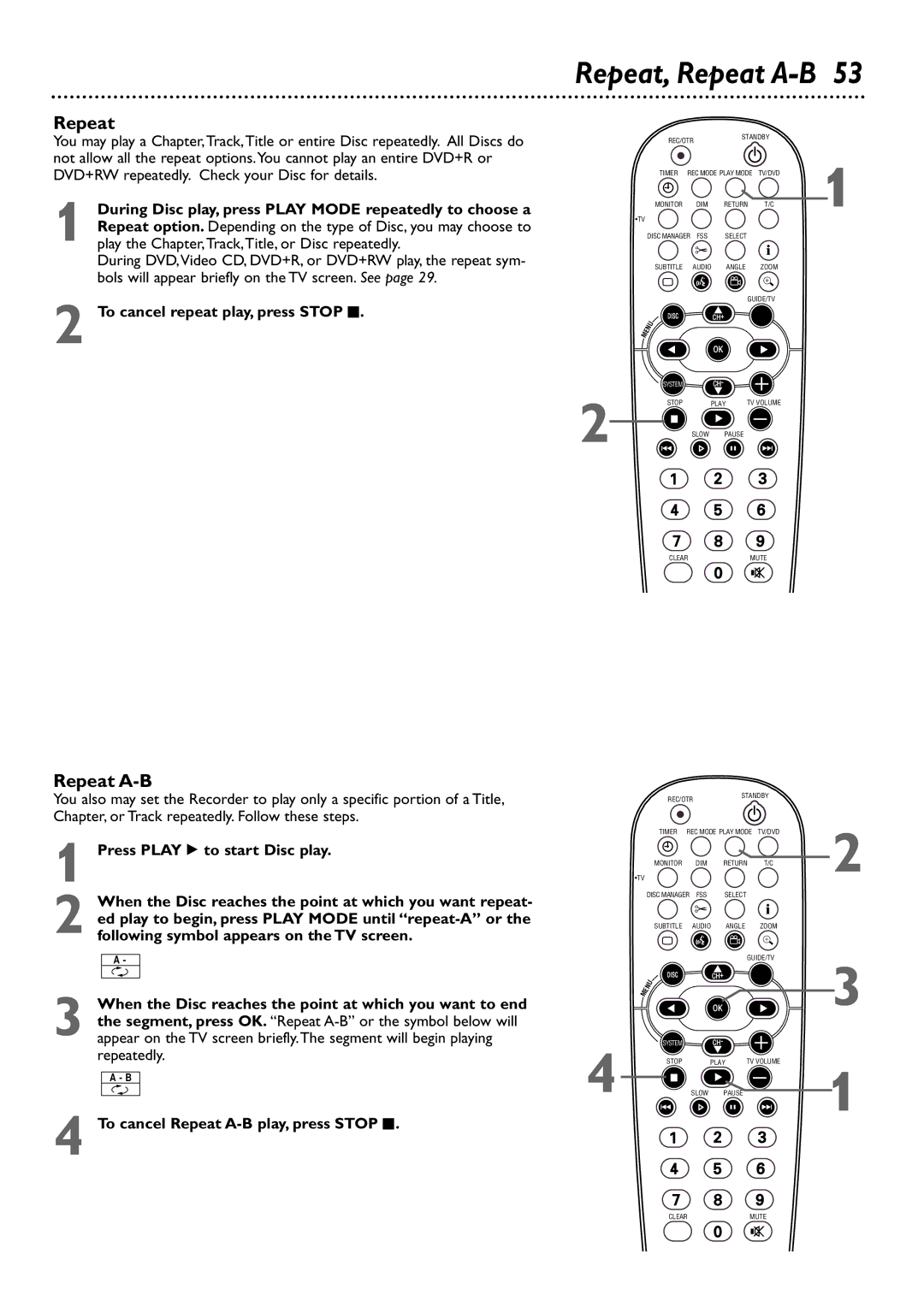 Philips DVDR80/99 owner manual Repeat, Repeat A-B 