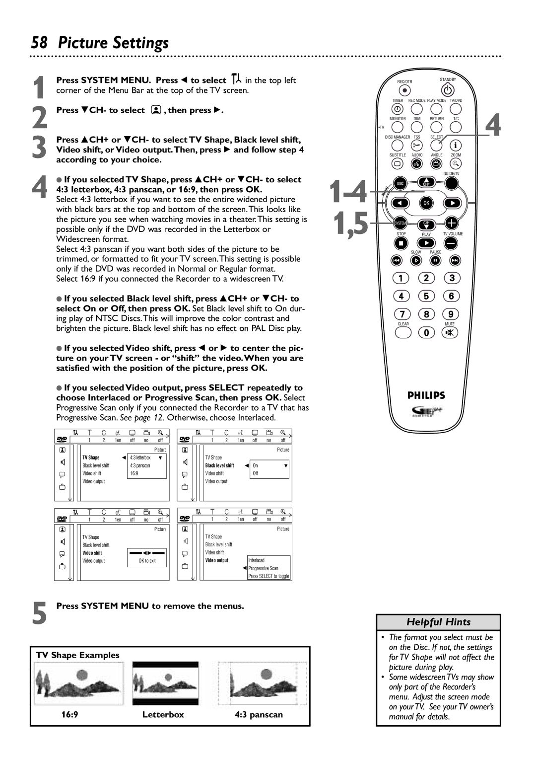 Philips DVDR80/99 owner manual Picture Settings 